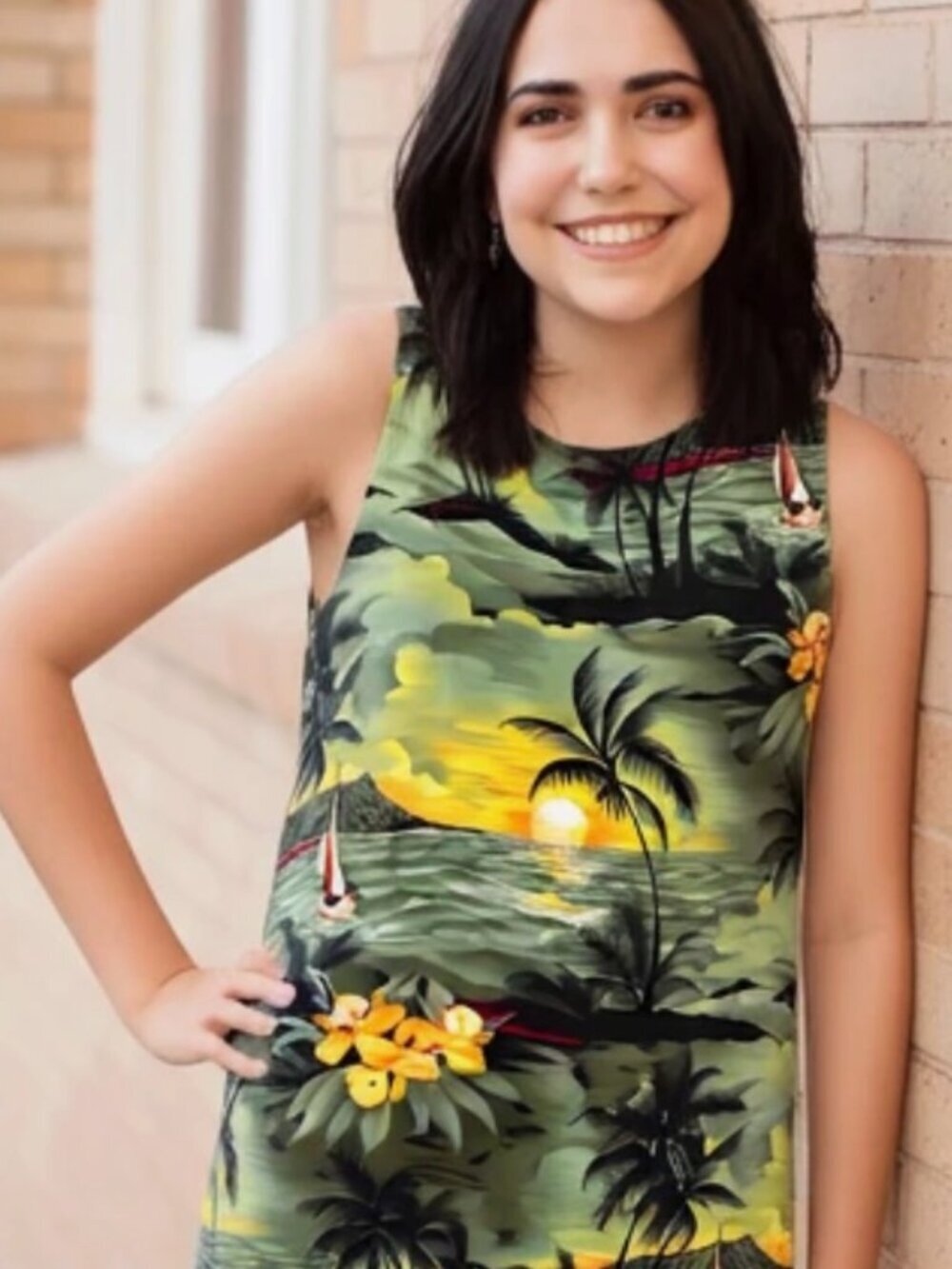 Jananas Vintage Hawaiian Print Crinkle Mesh Dress Size S Sunset Palm Scenic